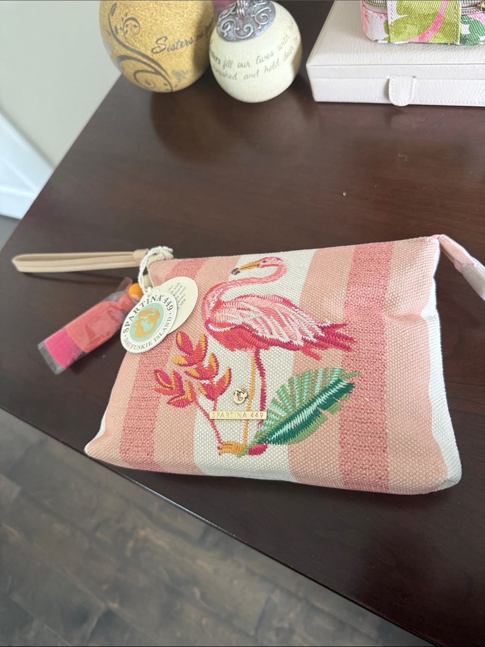 Spartina 449 Pink Striped Flamingo Embroidered Wristlet